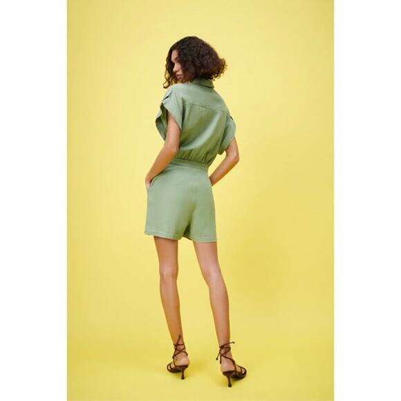Zara Topstitched Romper Green Belt Tie Button Front Roll Tab Sleeve Collar Sz XL - Picture 3 of 12